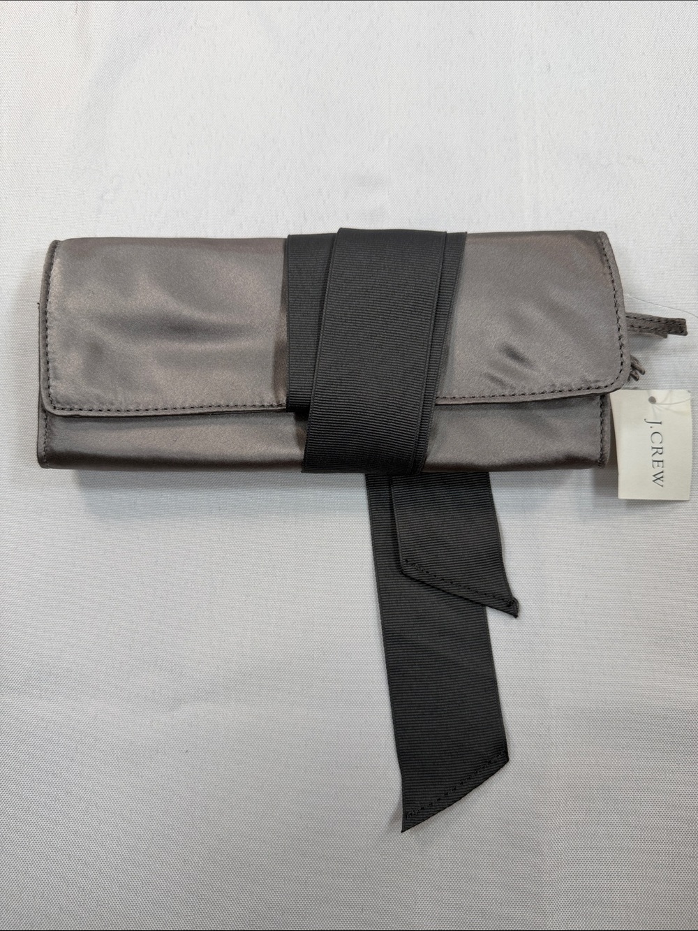 J.Crew Gray Satin Clutch Evening Bag Grosgrain Ribbon Strap NWT